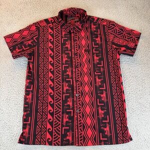 Retro Rifle Tiki Gun Red Black Short Sleeve Hawaiian Button Up Shirt Mens Medium